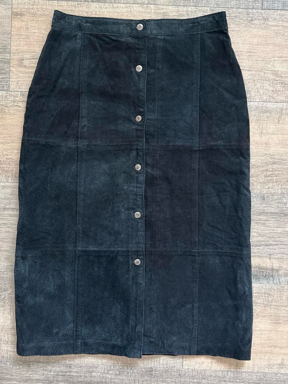 Marcelle Renée Vintage Genuine Leather Suede Button Front Midi Skirt Black 8